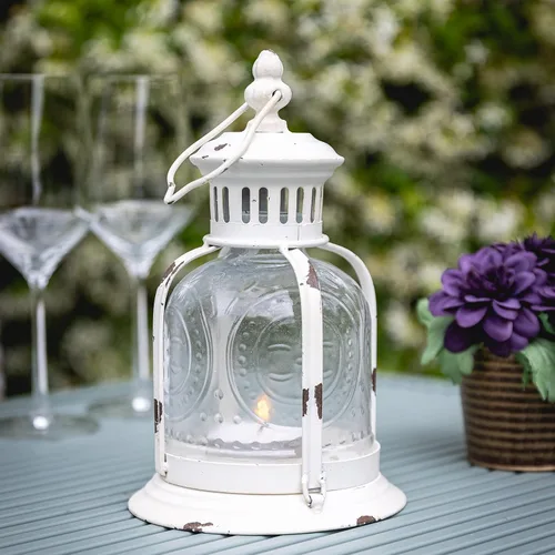 Vista 2 de CKK Industrial LTD Stonebriar Antique Worn White Metal Candle Lantern, Use As Decoration for Birthday Parties, a Rustic Wedding Centerpiece, or