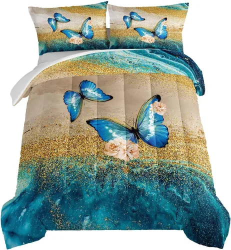 Vista 11 de HOSIMA Ropa de cama de caballo para niñas, juego de edredón con estampado de flores de cerezo rosa tamaño completo para adolescentes con 2 fundas