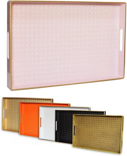 Vista 18 de Bandeja decorativa redonda dorada con asas, elegante bandeja de servir de 13" para mesa de café, estilo otomano, para sala de estar, baño