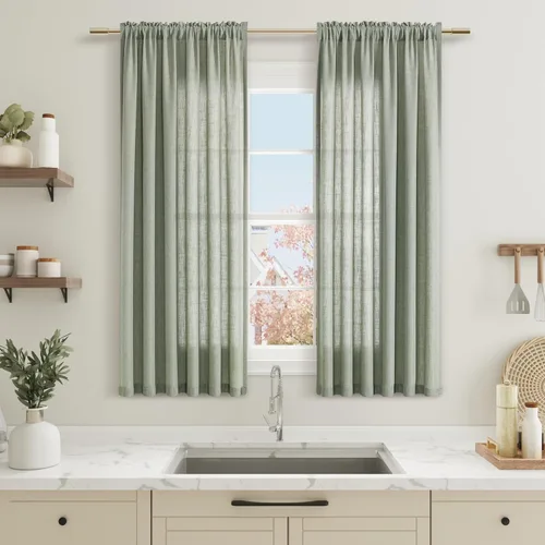 Vista 104 de Guken Cortinas de lino verde aguamarina de 84 pulgadas de largo, juego de 2 paneles semitransparentes con bolsillo para barra para comedor