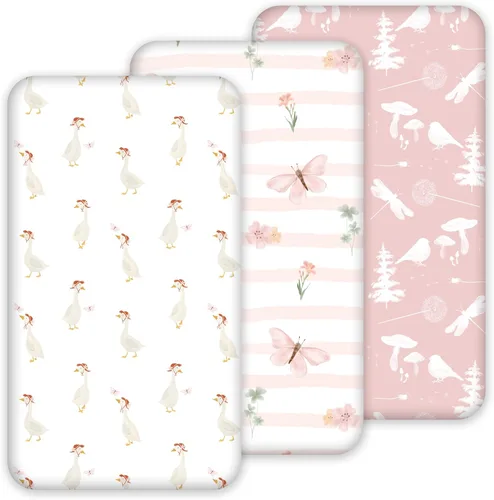 Vista 17 de Sábanas Florales para Moisés de Niña Paquete de 3, Sábana Ajustable para Colchón Transpirable y Cómoda, Moisés de Viaje Elástico y Moderno, Sábanas