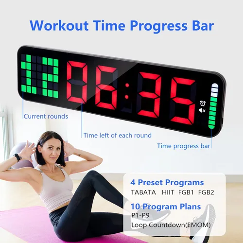 Vista 4 de LUCORB Temporizador de gimnasio - Reloj de pared digital grande para gimnasio con barra de progreso de tiempo de intervalo, cronómetro de cuenta