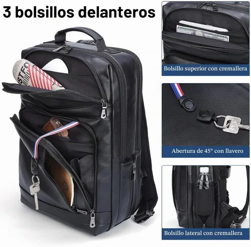Vista 5 de Masa Kawa Mochila de cuero negro, 16" bolsa de viaje de trabajo de negocios