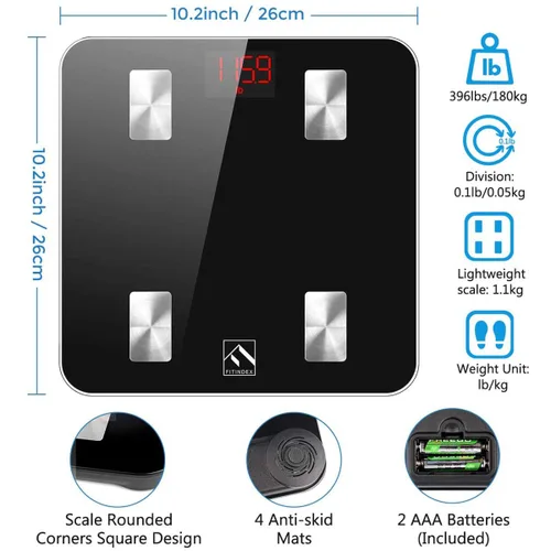 Vista 8 de FITINDEX Báscula con IMC, grasa corporal, masa muscular, báscula inteligente para peso corporal, Bluetooth, digital, sincronización con aplicación