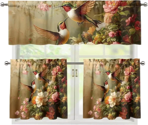 Vista 8 de Upgrad - Juego de cortinas de cocina con diseño de flor de cerezo para ventanas, 3 piezas, cortinas y cenefas para gatos, cortinas pequeñas