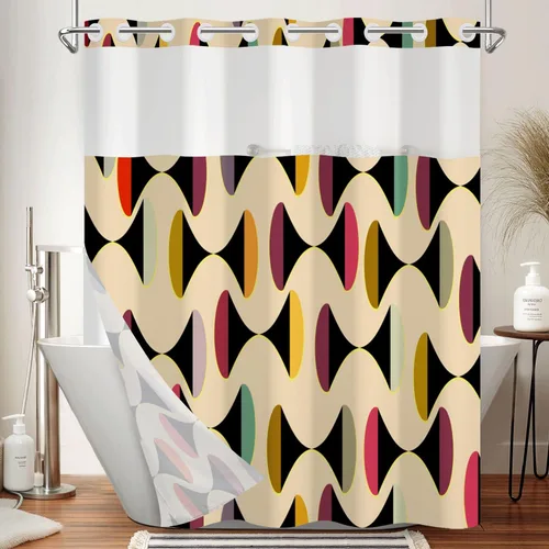 Cortina de ducha sin ganchos con forro a presión, estilo retro moderno de mediados de siglo, cortina de baño con estampado geométrico abstracto con