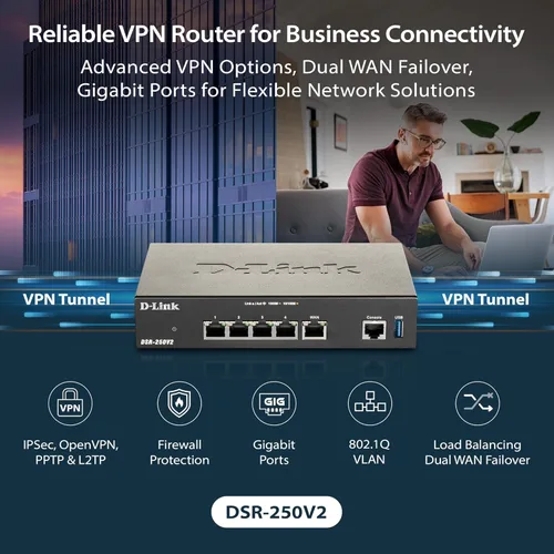 Vista 2 de D-Link Router VPN Gigabit —Perfecto para trabajos remotos e híbridos — Conmutación por error WAN dual Gigabit de 4 puertos — Cifrado de grado