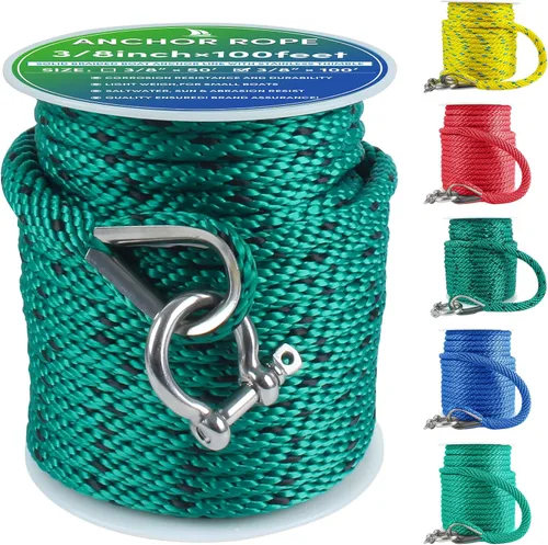 Vista 58 de Cuerda de anclaje prémium de 100 pies x 3/8 pulgadas, cuerda de anclaje MFP maciza con dedal y grillete, color naranja/amarillo