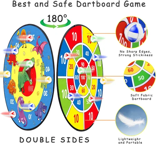 Vista 3 de TOMYOU Tablero de dardos de 26 pulgadas para niños con 16 bolas adhesivas, tablero de dardos de dinosaurio de doble cara, juguetes de fiesta