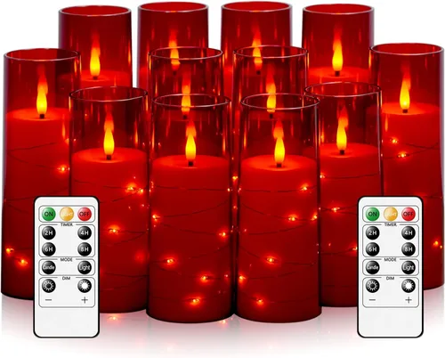 Vista 12 de Velas sin llama, con cadena de estrellas incorporada, velas LED parpadeantes que funcionan con pilas, velas de pilar con control remoto