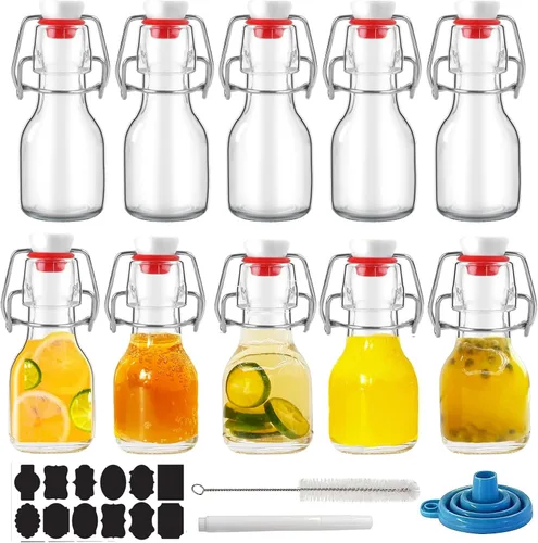 10 Pack Flip Top Glass Bottles, 2 oz / 60 ml Small Swing Top Glass Bottle,Clear Mini Brewing Bottles,Decoration Botter for Crafts,Gift and Wedding