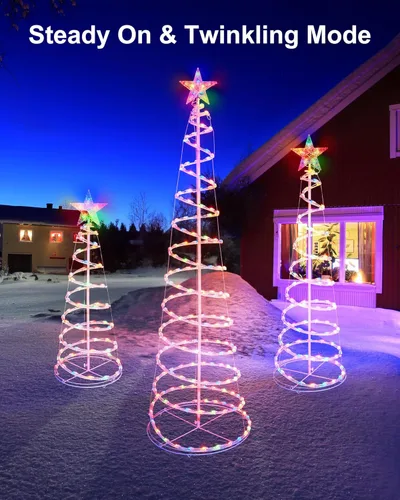 Vista 5 de Set de 3 Árboles de Navidad con Luces LED para Exteriores en Espiral, Luces de Navidad de 3/4/6 Pies con Decoración de Estrella de 7 Pulgadas, Kit