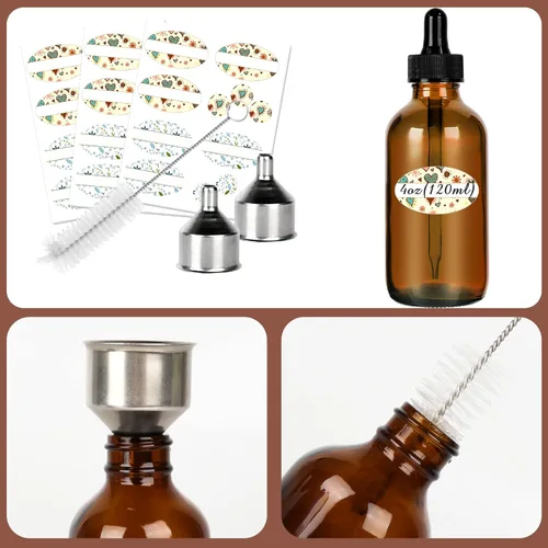 Vista 4 de CycleMore Paquete de 16 botellas Boston de vidrio ámbar de 4 onzas (4.1 fl oz) con cuentagotas de vidrio, botellas con cuentagotas para aceites