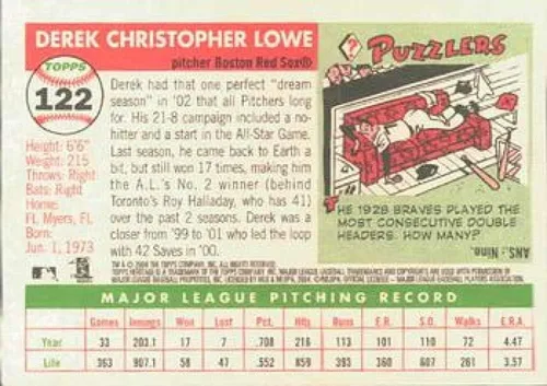 Vista 2 de 2004 Topps Heritage # 122 Derek Lowe Red Sox MLB Tarjeta de béisbol NM-MT