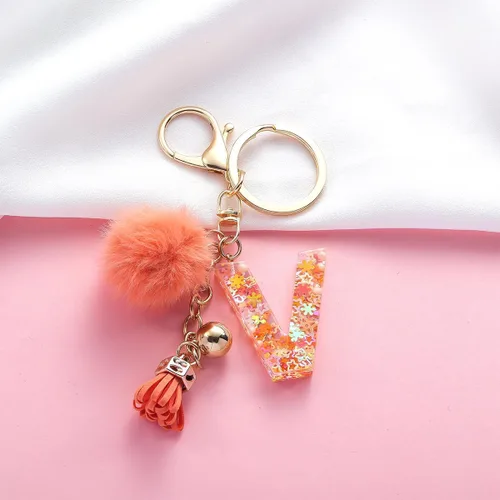 Vista 3 de Resin Alphabet Initial Letter Keychain Keyring for Women Purse Handbags With Fur Ball Pom