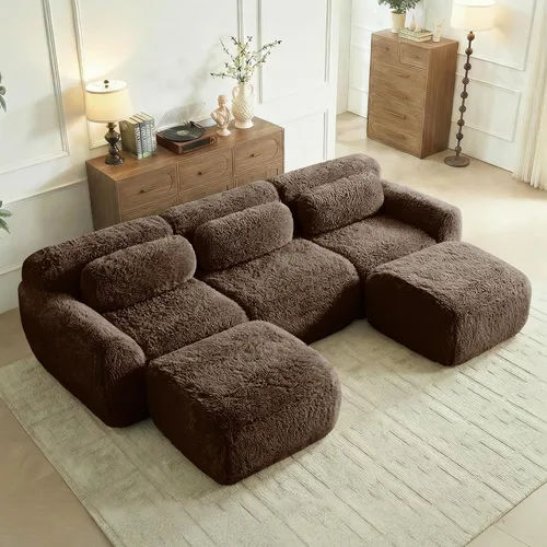 Vista 10 de Sofás de nube sin hueso de 80.4 pulgadas, tela de felpa suave y esponjosa, sofá cama modular con 2 otomanas, sofás de dos plazas de chocolate,