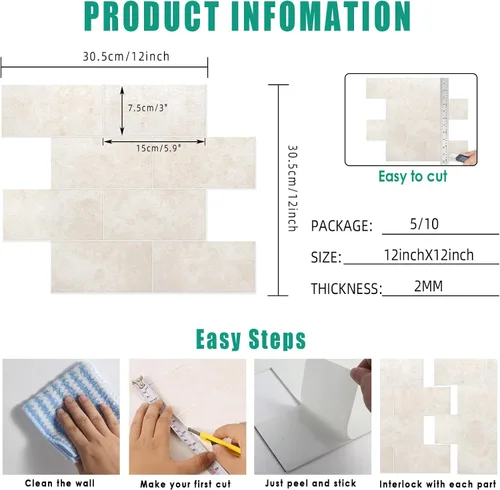 Vista 6 de 5 Sheets Peel and Stick Backsplash Tile with Framed Stick on Wall Tiles for Kitchen, Bathroom, Fireplace, RVs, and more (11.9" X 12.2", Cream Yellow)