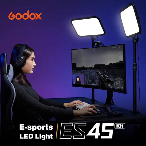 Vista 2 de Godox Luz clave ES45, luz de video LED con soporte de escritorio extensible, control inalámbrico de 2.4G, 0-100% de brillo y temperatura