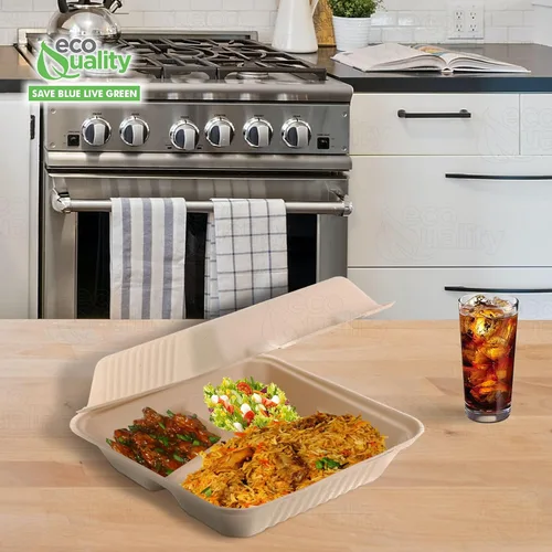 Vista 7 de [Paquete de 50] Contenedor de alimentos compostable con bisagras de 9 pulgadas y 3 compartimentos, bagazo de caña de azúcar, sin árboles