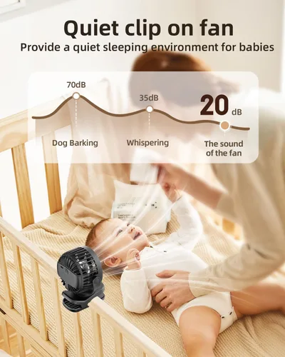 Vista 3 de TUNISE Mini ventilador con clip, ventilador de escritorio a pilas, pantalla digital, 3 velocidades ajustables, bidireccional ajustable de 360 °