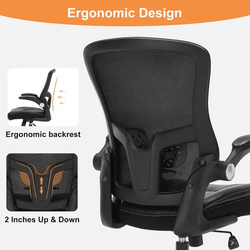 Vista 6 de Silla de oficina ergonómica, silla de escritorio ergonómica de piel sintética con respaldo de malla, soporte lumbar ajustable, silla de escritorio