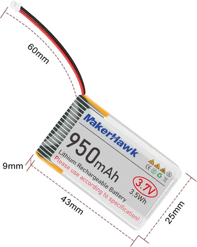 Vista 6 de MakerHawk Batería LiPo de 3.7 V 950 mAh recargable 1S 3C batería de polímero de litio con placa de protección cinta de goma aislada, enchufe micro
