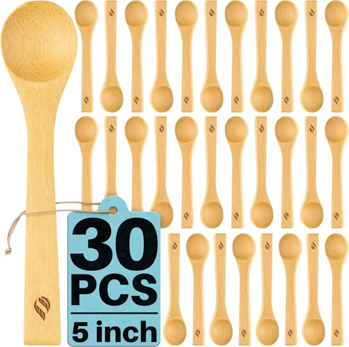 Vista 9 de Juego de cucharas de bambú (5 unidades), cucharaditas de cocina pequeñas, pequeñas cucharas de madera perfectas para azúcar, especias, condimentos