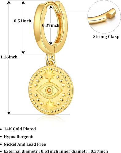 Vista 6 de Aretes de moneda de oro para mujer, chapados en oro de 14 quilates, aretes de aro delicados con moneda de dije mal de ojo