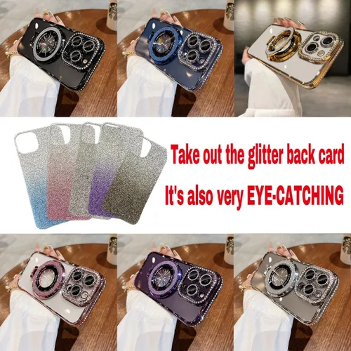 Vista 5 de Funda con Purpurina y Diamantes de Imitación Compatible con iPhone 11, Funda con Soporte y Protector de Lente de Cámara, Funda Blanda con Brillante