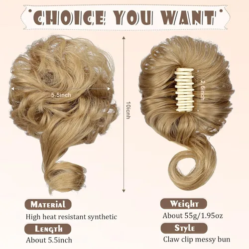 Vista 2 de Pieza de pelo desordenado con clip de garra para mujer, extensiones onduladas y rizadas para coleta de caballo, extensiones recogidas para uso Rubio