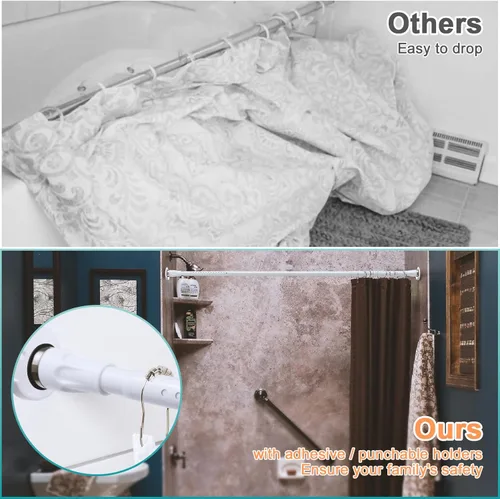 Vista 2 de Barra de cortina de ducha, 42 a 115 pulgadas, barra de cortina de ducha de tensión blanca, sin perforaciones, varillas de ducha ajustables