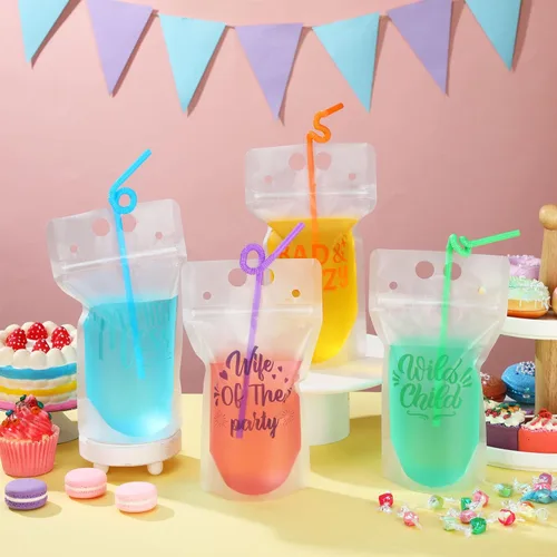 Vista 4 de 24 bolsas de bebidas para dama de honor con pajitas, tazas de bach con cremallera de pie, 17 onzas, tazas de mano traviesas para dama de honor