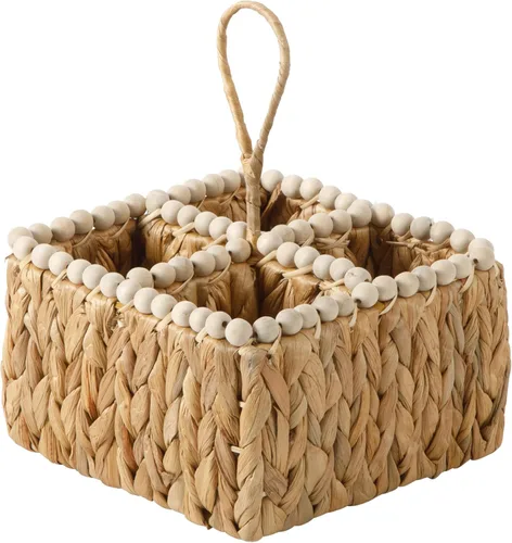 Vista 7 de Gibson Home Riverrun Grove Bandeja decorativa tejida de 17 pulgadas, cesta grande de jacinto de agua natural con ribete de cuentas de madera y asas