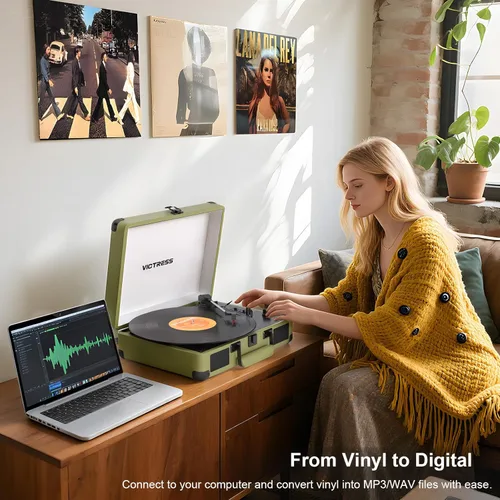 Vista 2 de Tocadiscos con altavoces, reproductor de discos de vinilo Bluetooth con grabación, reproductor LP portátil de maleta de 3 velocidades, tocadiscos