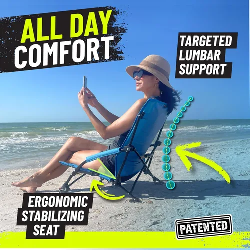 Vista 4 de STRONGBACK Sillas de playa – Silla de playa portátil reclinable de baja gravedad – con soporte lumbar integrado, sillas de playa plegables Negro