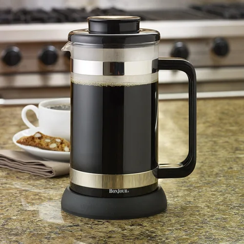 Vista 7 de BonJour Prensa francesa de vidrio de borosilicato café con posavasos y cuchara, 33.8 onzas, Riviera, negro