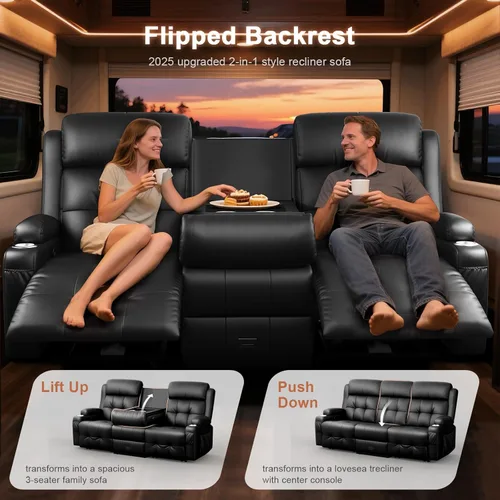 Vista 3 de Sofá reclinable para autocaravana, sillón reclinable de gran tamaño de 3 plazas con respaldo central abatible, cajones y portavasos, cama