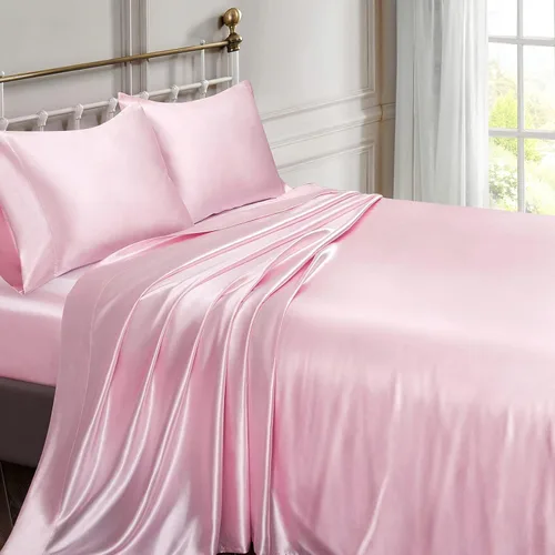 Vista 3 de Seda satinada suave de tamaño King (juego de ropa de cama de 5 piezas, muchos más colores), seda satinada rosa, edredón, juego de sábanas, sábana