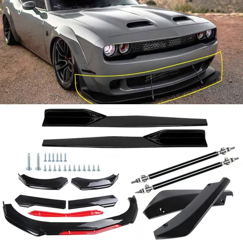 Vista 10 de Alerón divisor de labio de parachoques delantero + varillas de puntal de poliuretano negro brillante + rojo compatible con Do-dge Challenger SRT SXT