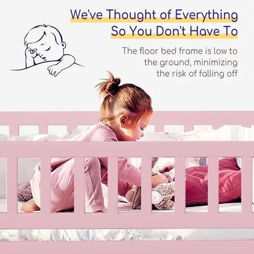 Vista 48 de Tatub Cama de suelo individual con rieles, puerta y listones, marco de cama Montessori de madera para niños y niñas, rosa