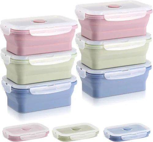Vista 10 de Mifoci 6 recipientes de silicona para alimentos, contenedores plegables de almacenamiento de alimentos con tapas herméticas, apilables