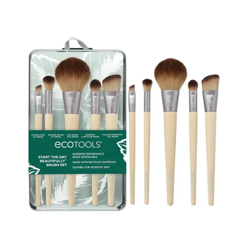 EcoTools Juego de brochas de maquillaje para sombra de ojos, base, rubor y corrector con estuche de almacenamiento adicional, comienza el día