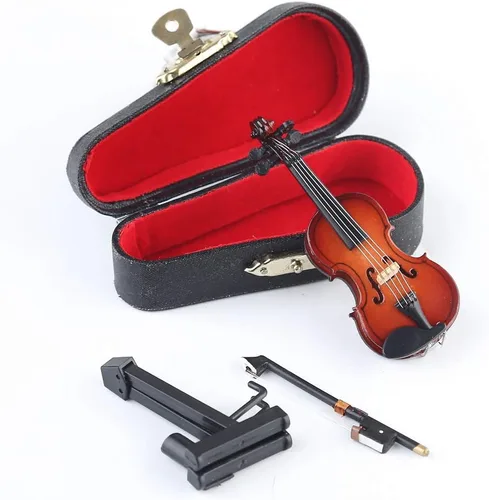 Vista 3 de Violín miniatura de madera con soporte, arco y estuche, mini violín, réplica de instrumentos musicales, colección de figuras coleccionables, adorno