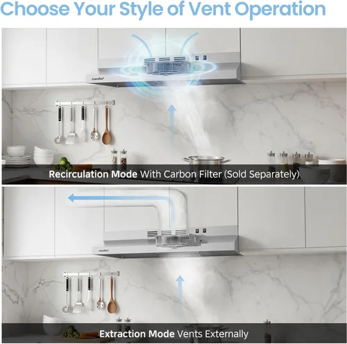 Vista 7 de Comfee CVU30W2AST Campana extractora de 30 pulgadas con conducto/sin conducto, campana de ventilación duradera de acero inoxidable para debajo