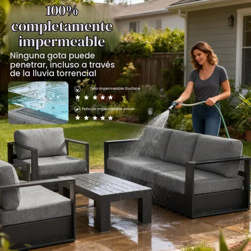 Vista 2 de LayinSun - Juego de muebles de exterior de aluminio de gran tamaño de 5 piezas con mesa auxiliar Negro/Gris oscuro