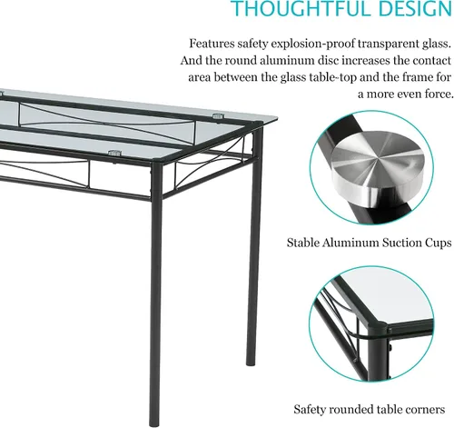 Vista 3 de VECELO Juego de mesa de comedor para 4, mesa de cocina de vidrio de 5 piezas con sillas acolchadas tapizadas para espacios pequeños, rincón