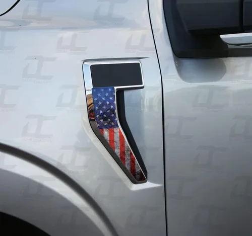 Vista 5 de Kit de Calcomanías de Emblema de Insignia de Guardabarros Decal Concepts - Compatible con F150 (2021-2025) (Estilo Bandera (Negro-Blanco Desgastado))