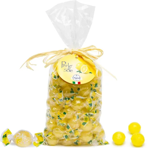 Perle di Sole Gotas de caramelo de limón italiano, caramelo duro de limón envuelto individualmente, caramelos cítricos gaseosos y agrios (17.63