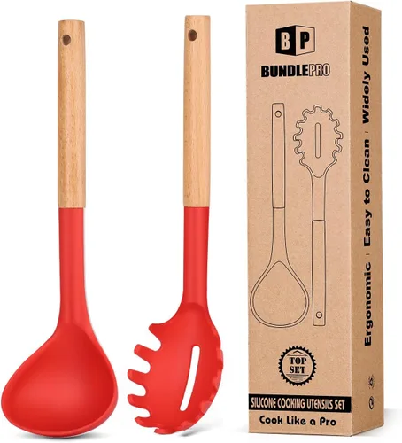 Vista 9 de Juego de tenedor y cucharón de silicona para pasta con mango de madera, utensilios de cocina antiadherentes resistentes al calor para cocinar