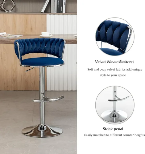 Vista 71 de Juego de 4 taburetes de bar de terciopelo dorado, taburetes de bar con respaldo bajo, taburete de bar giratorio para isla de cocina, pub (verde)